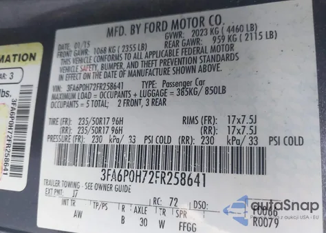 2015 Ford Fusion Se from USA, damaged, VIN 3FA6P0H72FR258641